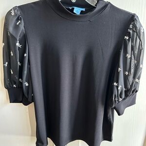 CeCe Black Blouse with Sheer Floral Sleeves